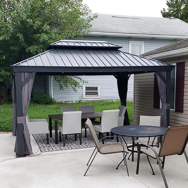 PURPLE LEAF 11 ft. x 14 ft. Gray Aluminum Power-Coated Frame Galvanized Steel Double Roof Hardtop Gazebo,Hooks, Netting,Gray Curtain