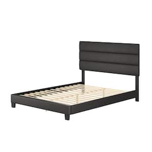 Piedmont Upholstered Faux Leather Tri Panel Channel Headboard Platform Bed Frame, Queen, Black