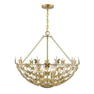 Birch 28 in. W x 23.25 in. H 6-Light Burnished Brass Statement Pendant Light with Metal Butterfly Accents