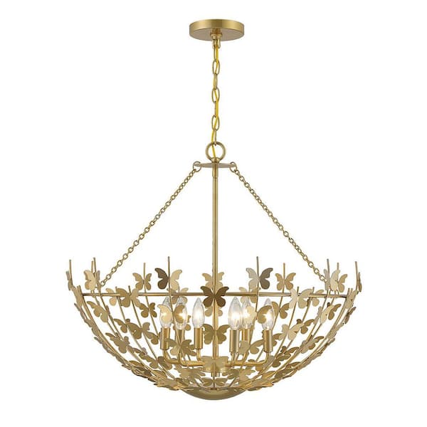 Savoy House Birch 28 in. W x 23.25 in. H 6-Light Burnished Brass Statement Pendant Light with Metal Butterfly Accents