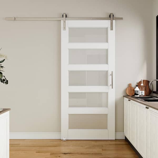 36 in. W. x 80 in. 5-Lite Tempered Frosted Glass White Finished MDF Sliding Barn Door with Hardware Kit Nickel Plated
