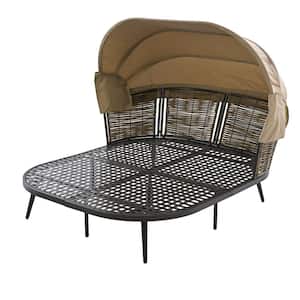 63 in. W Gray Wicker Outdoor Day Bed with Retractable Canopy Brown Cushions