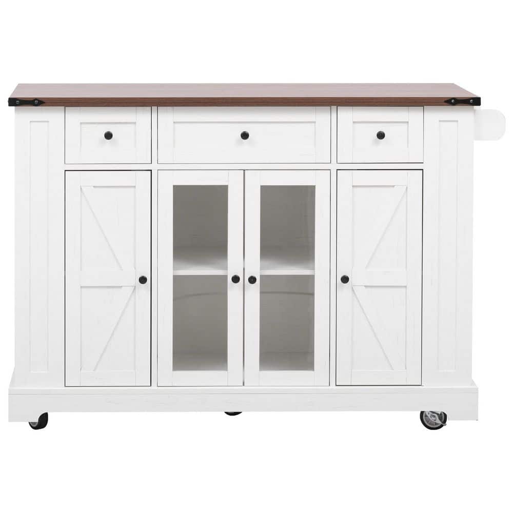 White Kitchen Cart with Tempered Glass Cabinet Doors, Power Outlet, Drop Le