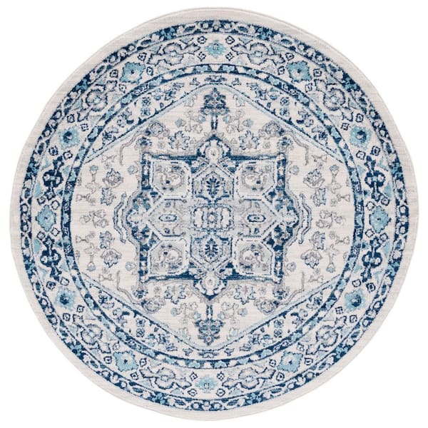 Tulum 7 ft. x 7 ft. Ivory/Blue Medallion Ornate Border Round Area Rug
