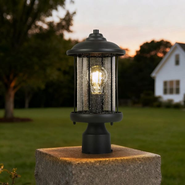 1-Light Black Metal Modern Outdoor Weather Resistant Pier Mount Light Post Lantern with LED