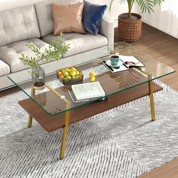38.58 in. Modern Rectangle Tempered Clear Glass Coffee Table, Gold Metal Legs & MDF Base for Living Room