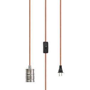 1-Light Satin Nickel Vintage Plug-In Hanging Socket Pendant Fixture with Orange Textile Cord