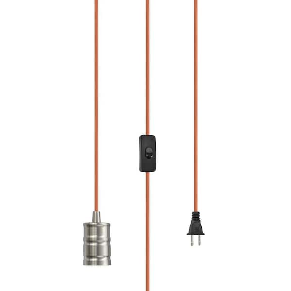 Aspen Creative Corporation 1-Light Satin Nickel Vintage Plug-In Hanging Socket Pendant Fixture with Orange Textile Cord