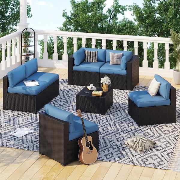 Sizzim Black 7-Piece Wicker Rattan Outdoor Sectional Patio Conversation ...