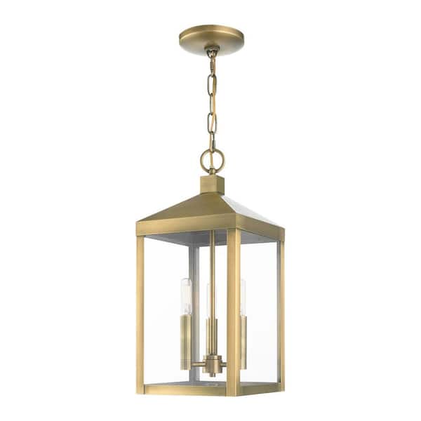 AVIANCE LIGHTING Creekview 18.5 in. 3-Light Antique Brass Dimmable Outdoor Pendant Light with Clear Glass and No Bulbs Included