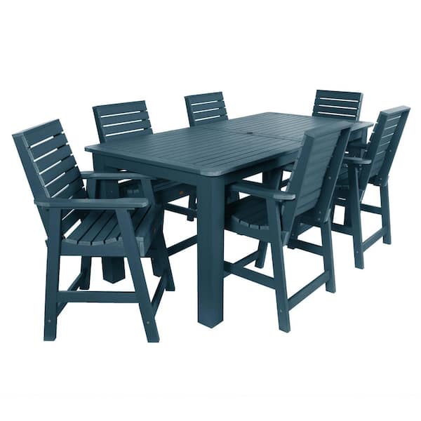 Highwood Weatherly Nantucket Blue 7-Piece Recycled Plastic Rectangular Outdoor Balcony Height Dining Set