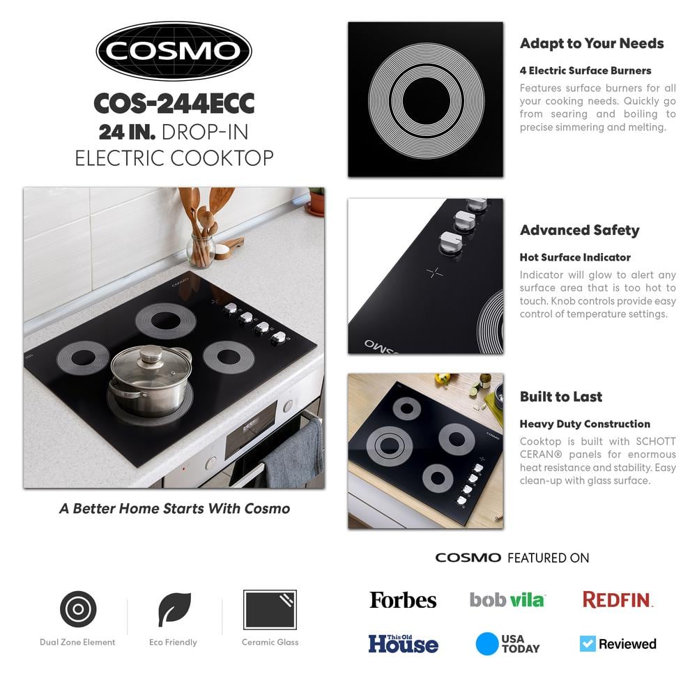 24 Inch Black Ceramic Glass Electric Cooktop with 4 Burners