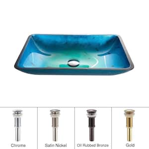 Irruption Glass Rectangular Vessel Sink in Blue with Pop-Up Drain in Oil Rubbed Bronze