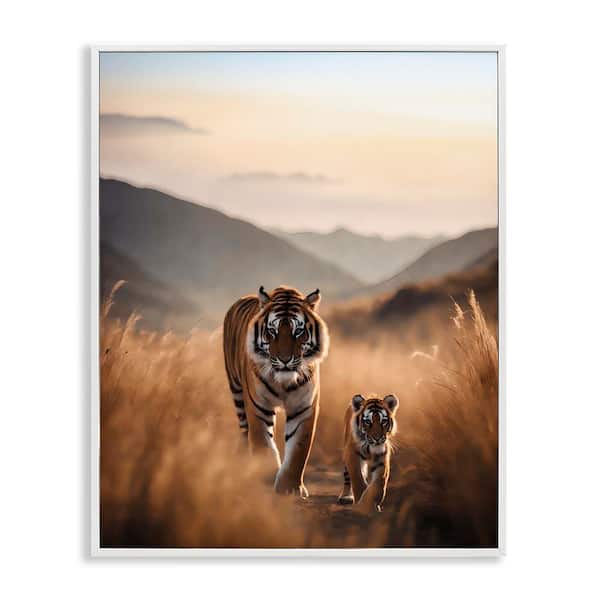 Stupell Industries Tiger and Cub on Savanna by Noah Bay White Framed Animal Giclee Art Print 14 in. x 11 in.