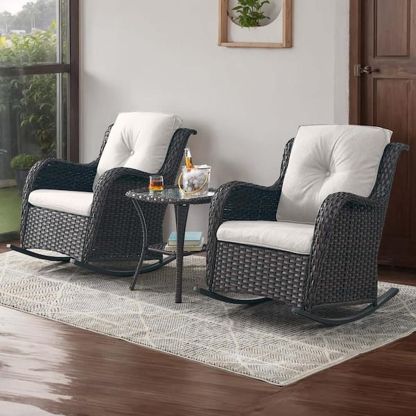 Outdoor Brown Wicker Outdoor Rocking Chair with CushionGuard Beige Cushions Patio (Set 2-Pack)