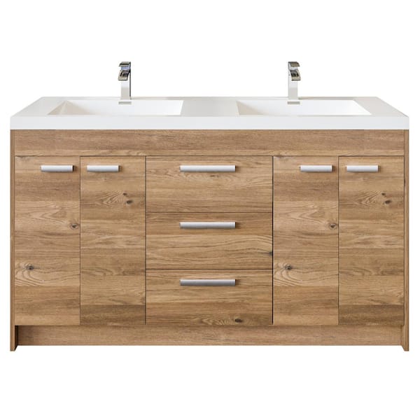Lugano 60 in. Double Sink Natural Oak Bath Vanity with White Acrylic Top (Assembled)