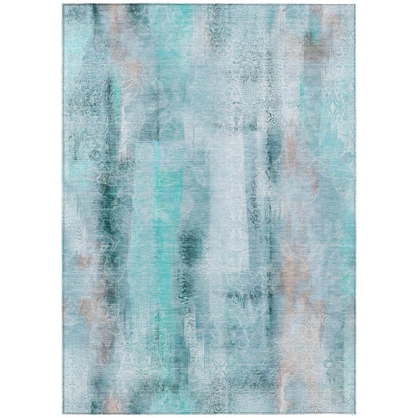 Teal 8 ft. x 10 ft. Woven Border Polyester Rectangle Indoor/Outdoor Area Rug