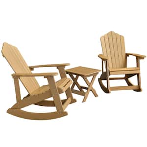 Acadia Teak Color 3-Piece Plastic Outdoor Patio Conversation Adirondack Rocking Chair Set with a Side Table