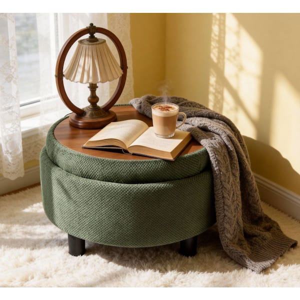 25 in. W Dark Green Fabric Round Storage Accent Medium (22-44 in.) Ottoman for Living Room, Bedroom