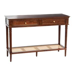Maxwelton 48 in. Dark Chestnut Finish Acacia Wood Console Table with Drawers and Woven Cane Shelf