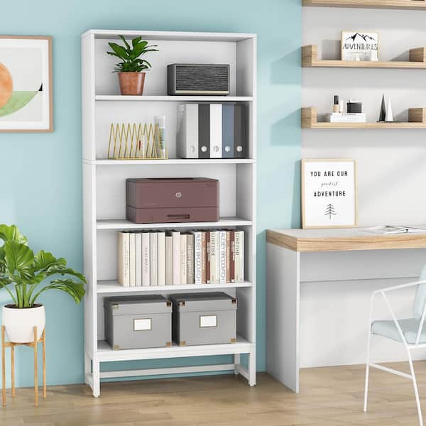 BYBLIGHT Eulas 70.87 in. Tall H White Wood Metal 5-Shelf Standard Bookcase Large Storage Shelves 5 Tier Home Office Bookshelf