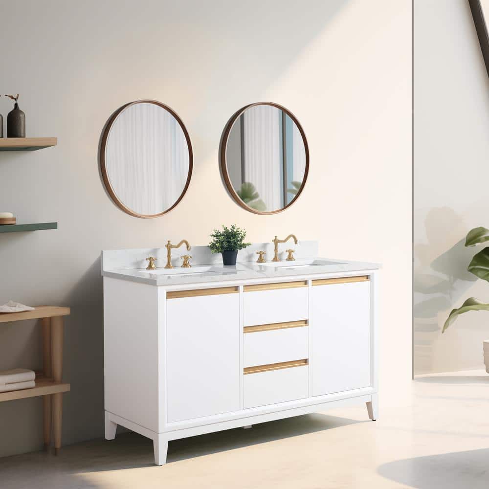 White Poplar Wood Double Bathroom Vanity with Marble Top