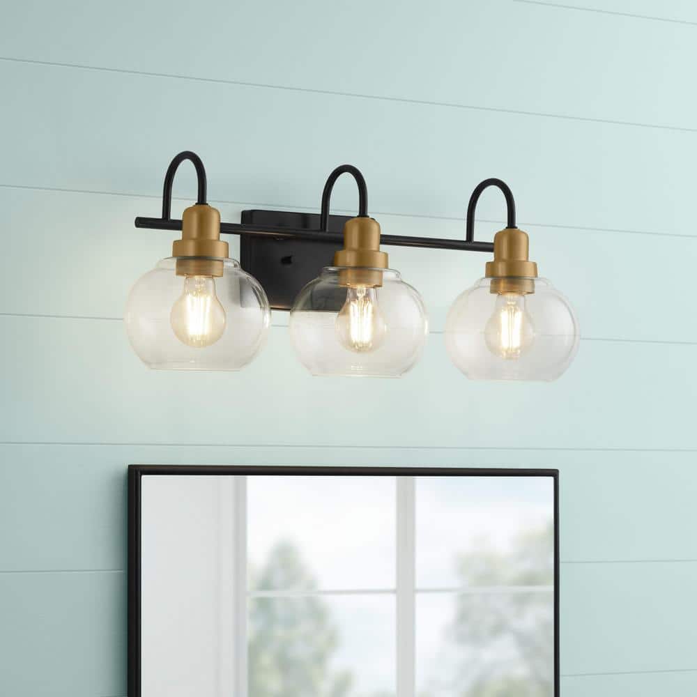Halyn 23 in. 3-Light Matte Black with Vintage Brass Bathroom Vanity Light Accents and Clear Glass Shades price history on PriceWatchPro
