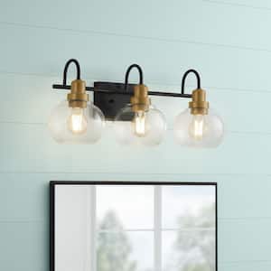 Halyn 23 in. 3-Light Matte Black with Vintage Brass Bathroom Vanity Light Accents and Clear Glass Shades