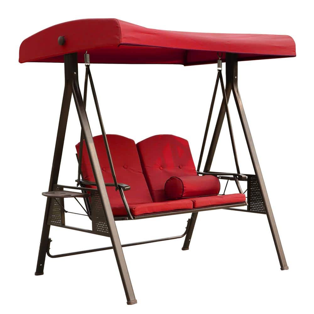 2-Seat Metal Red Patio Swing with Adjustable Tilt Canopy and Cushions for B