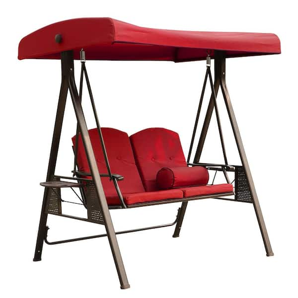 2-Seat Metal Red Patio Swing with Adjustable Tilt Canopy and Cushions ...