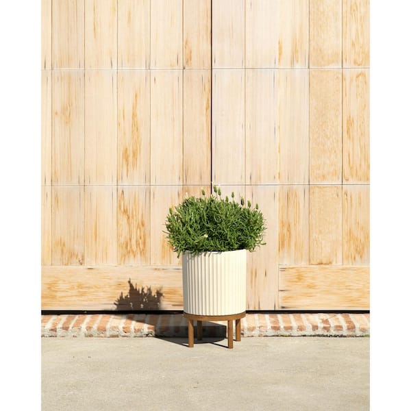Demi 12 in. Raised with Stand Round Sand Plastic Planter with Brown Stand