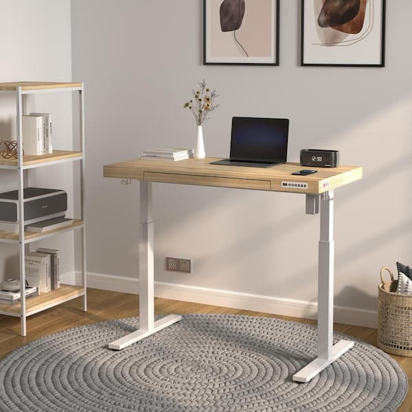KEAPL 48 in. W Birch Beige Electric Adjustable Standing Desk with Drawer and USB Ports, Wood and Metal Frame