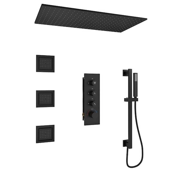 3-Spray Ceiling Mount Thermostatic Fixed and Handheld Dual Shower Head 2.5 GPM with Rod&Body Spray in Matte Black