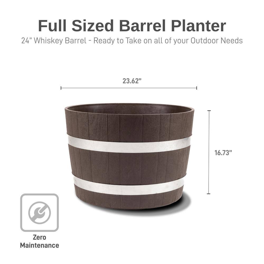 24" Brown Recycled Plastic Barrel Planters with Steel Bands, 2 Pack