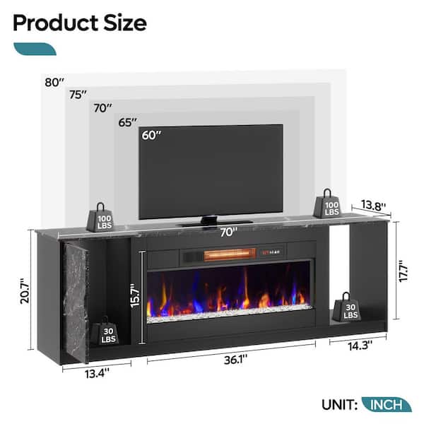 70 in. Freestanding Electric Fireplace TV Stand in Marble Black with Adjustable Shelves LED Entertainment Center