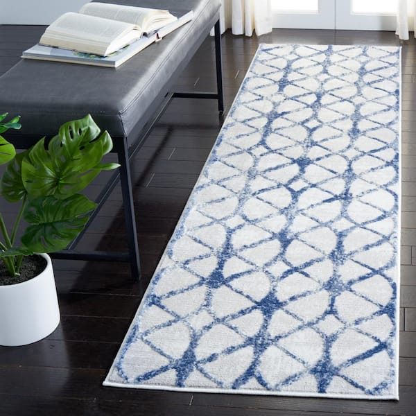 Amelia Gray/Navy 2 ft. x 10 ft. Interlaced Geometric Runner Rug