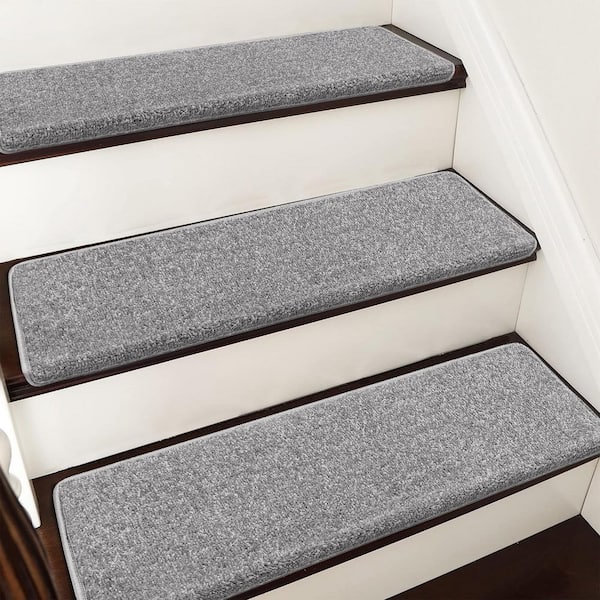 PURE ERA Light Grey 9.5 in. x 30 in. x 1.2 in. Polypropylene Bullnose Tape Free Non-slip Stair Tread Cover Carpet Mats Set of 14