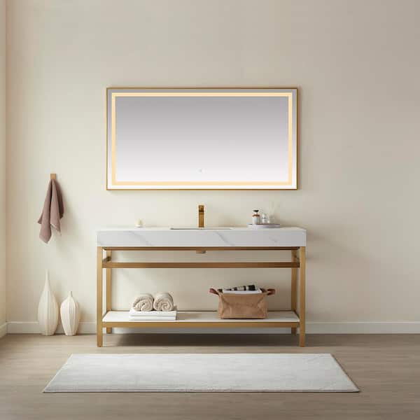 ROSWELL Funes 60 in. W x 22 in. D x 34 in. H Single Sink Bath Vanity in Brushed Gold with White Natural Stone Top and Mirror