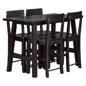 5-Piece Espresso Minimalist Industrial Style Counter Height Solid Wood Dining Table Set with Four Chairs