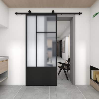 Cicero 37 in. x 84 in. 3/4 Lite Frosted Glass Black Metal Finish Sliding Barn Door with Hardware Kit