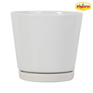 6 in. Piedmont Small White Ceramic Planter (6 in. D x 5.7 in. H) with Drainage Hole and Attached Saucer