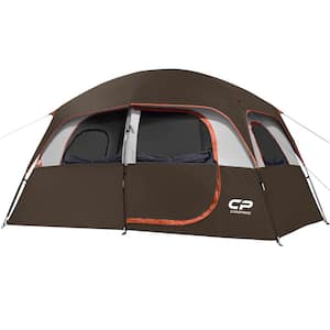 6-Person-Camping- Tents, Waterproof Windproof Family Tent with Top Rainfly, 4 Large Mesh Windows, Carry Bag in Brown