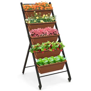 5-Layer Vertical Brown Plastic Raised Garden Bed with Wheels Drainage Holes with Container Boxes