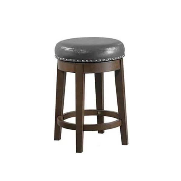 Benjara 19 in. Gray, Oak Brown and Silver Low Back Metal Frame Counter Stool with Faux Leather Seat (Set of 2)
