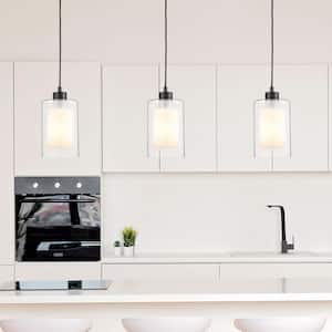 1-Light Black Mini Pendant Light Fixture with Frosted Inner and Clear Glass Outer Shade