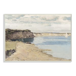 12.5 in. x 18.5 in. "Still Morning Oceanside Cliffs and a Sailboat Painting" by Artist Christy McKee Wood Wall Art