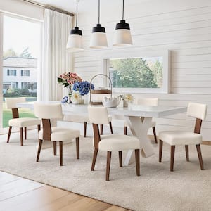 Modern T-Backrest Dining Chair Light Yellow Fabric Upholstered Solid Wood Frame Accent Dinning Chair Set of 6