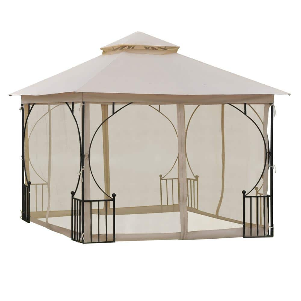 Outsunny 9.7 ft. x 9.7 ft. Patio Gazebo Canopy Outdoor Pavilion with Mesh Netting SideWalls, 2-Tier Polyester Roof, & Steel Frame