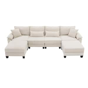 133 in. U-Shaped Corduroy Sectional Sofa in. Beige with Armrest Bags