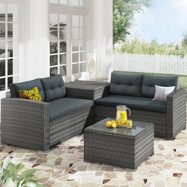 Nestfair Adal 4 Piece Wicker Outdoor Patio Sectional With Large Storage Box And Gray Cushions Lwy0172eaa The Home Depot Nestfair Adal 4 Piece Wicker Outdoor, Storage Box For Patio Furniture Cushions